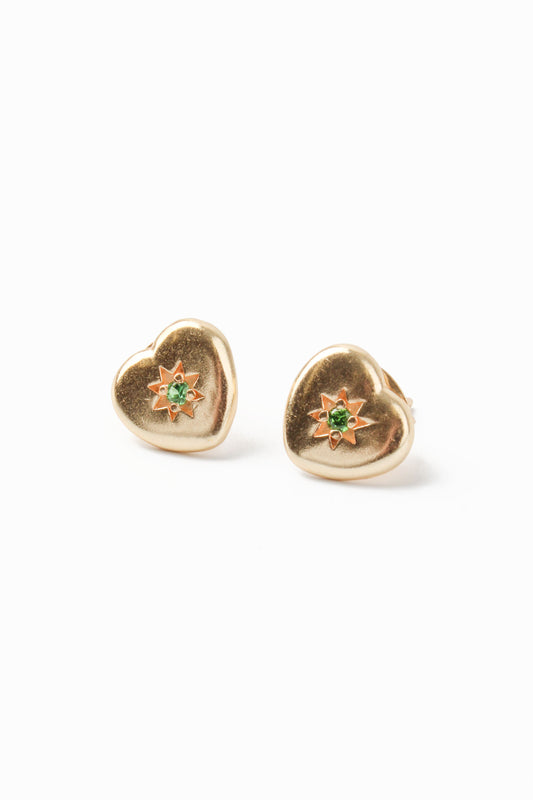 LIGHT GREEN CRYSTAL GOLD HEART STARBURST STUDS