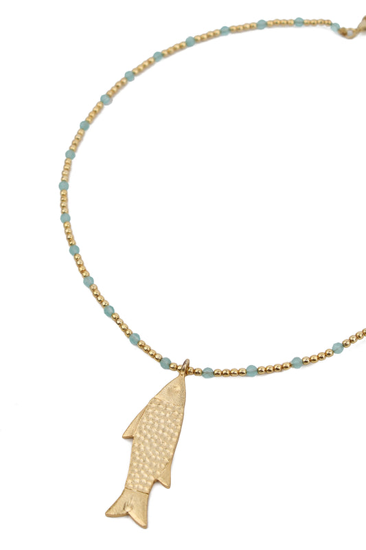 FISH CHARM ON GOLD AND BLUE NECKLACE