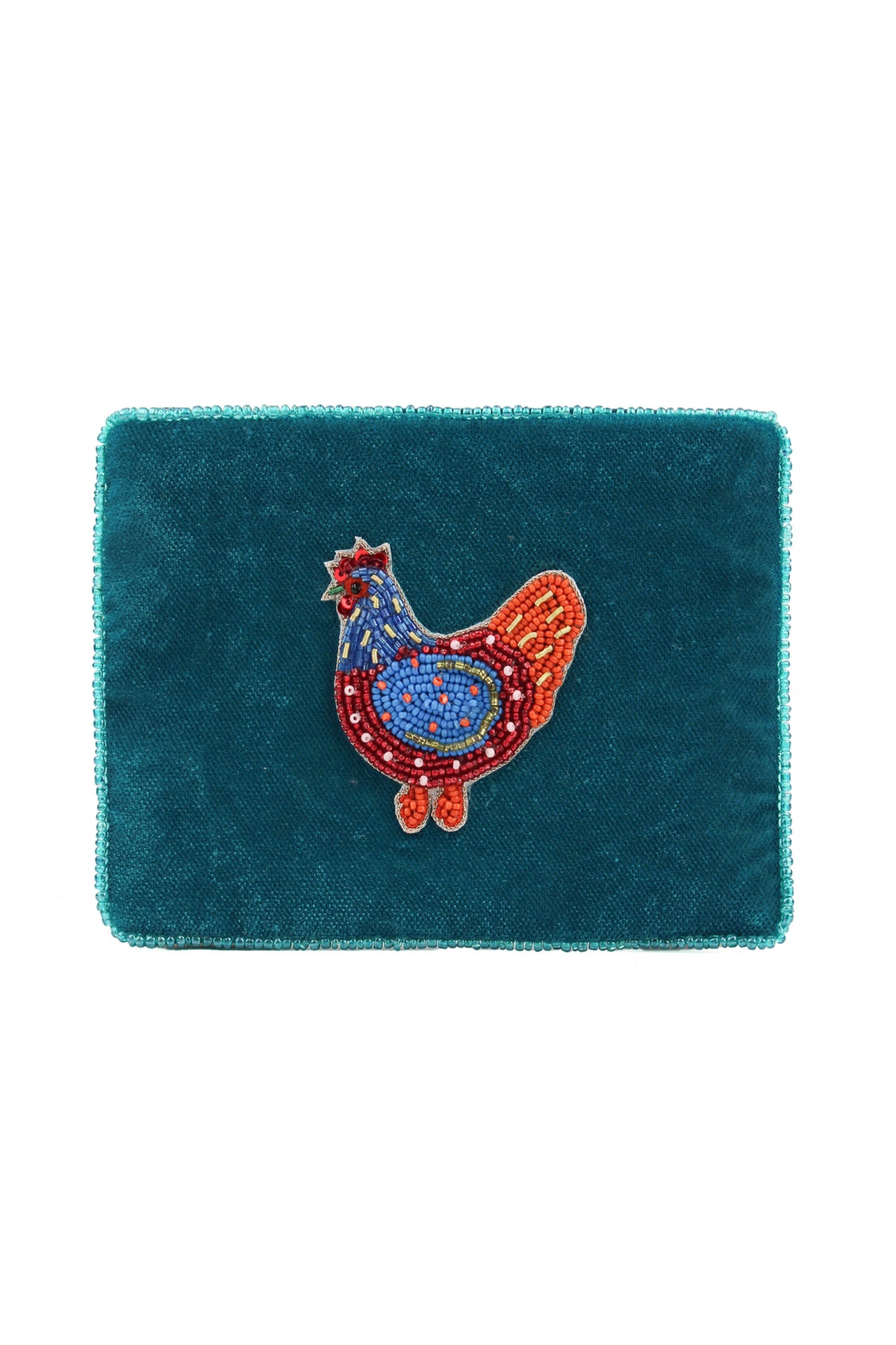 FOLK CHICKEN ON TEAL SMALL POUCH
