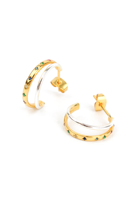 GOLD AND SILVER DOUBLE HOOPS WITH MULTI CZ