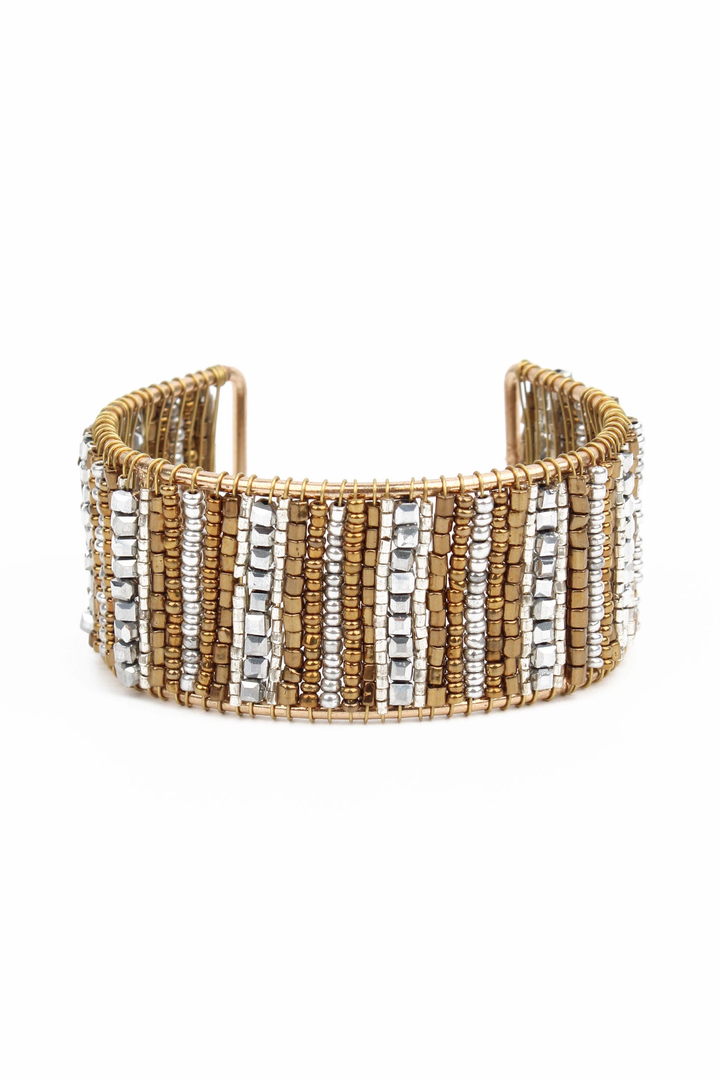 GOLD AND SILVER WRAPPED BEADED CUFF BRACELET