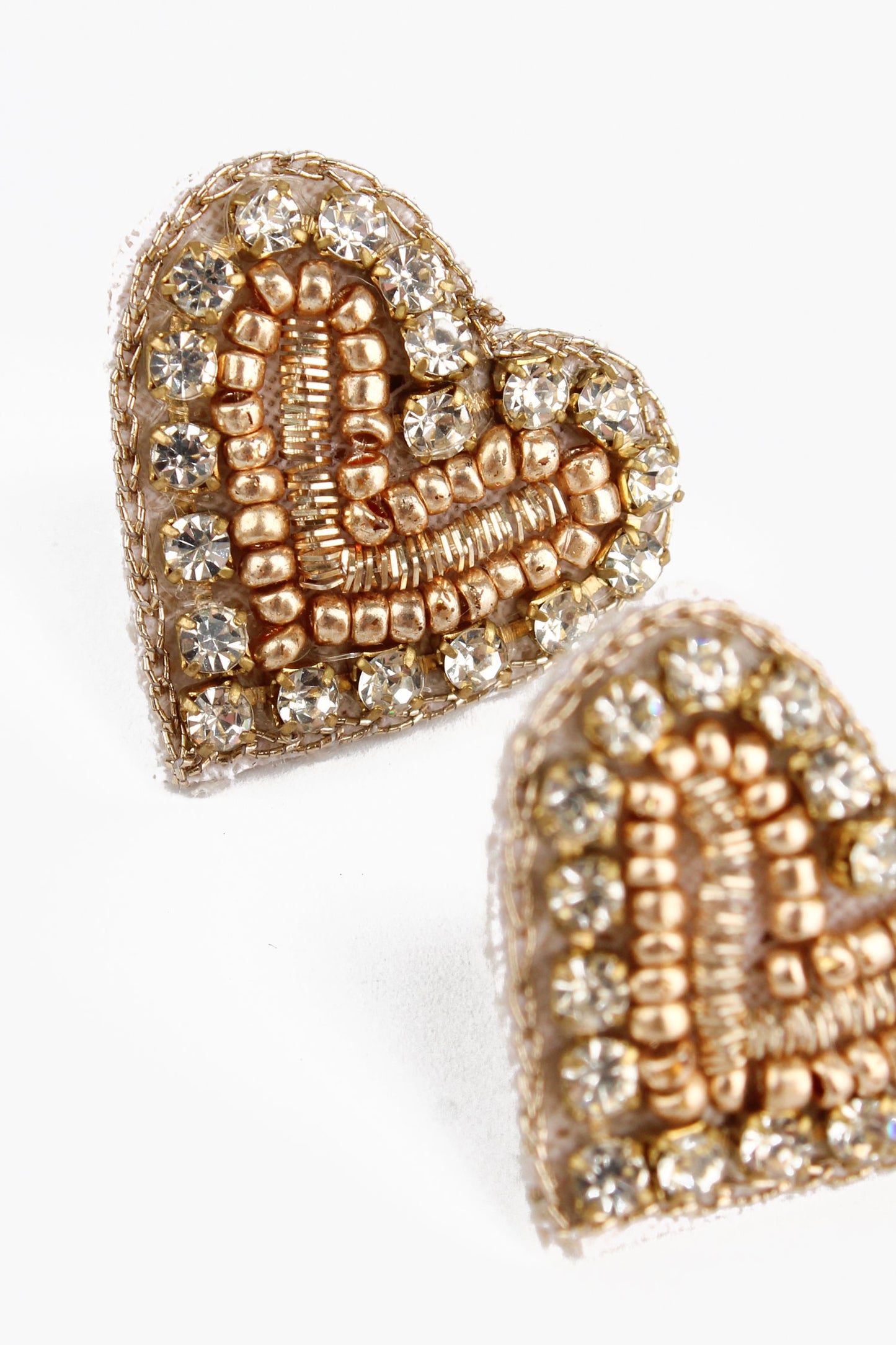 GLITZY GOLD BEADED HEART STUDS
