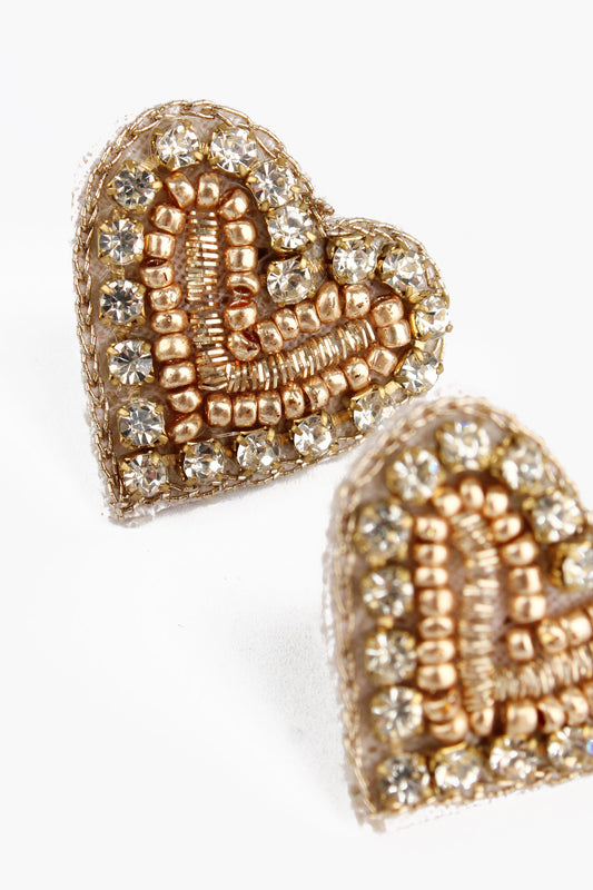 GLITZY GOLD BEADED HEART STUDS