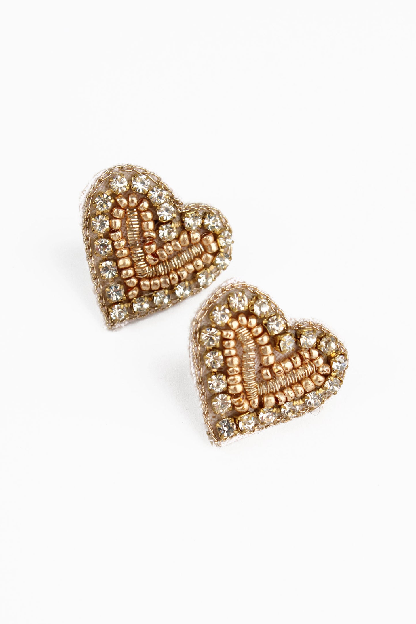 GLITZY GOLD BEADED HEART STUDS
