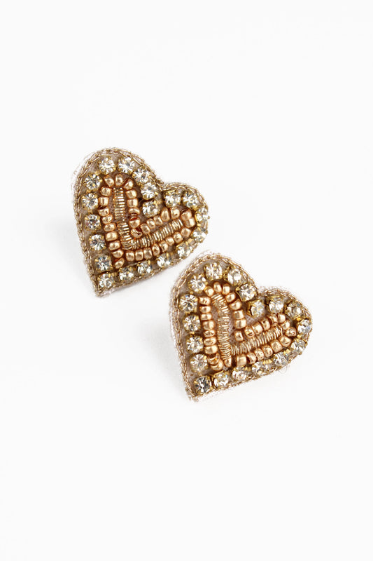 GLITZY GOLD BEADED HEART STUDS
