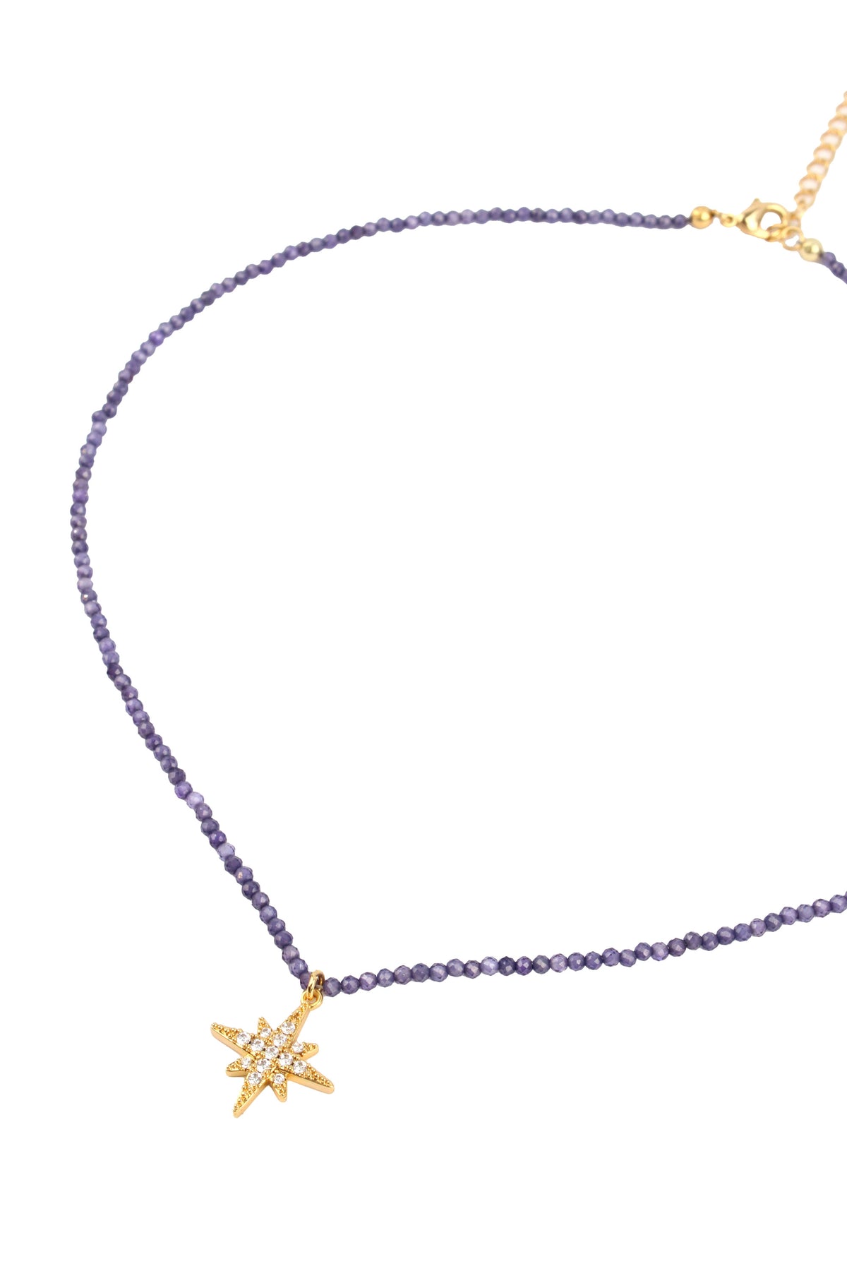 GOLD CZ STAR CHARM ON BLUE BEADED NECKLACE