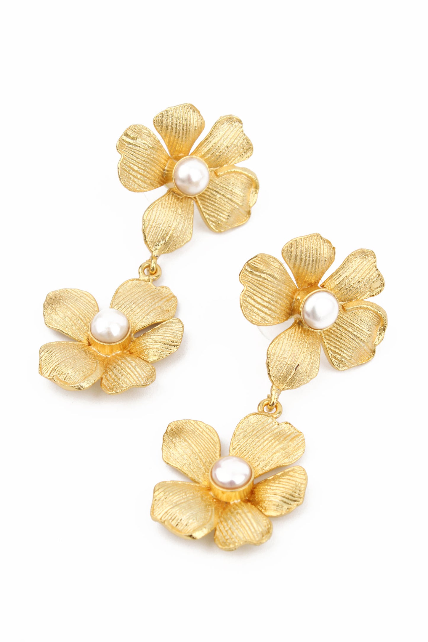 GOLD DOUBLE FLOWER WITH PEARL DROP EARRINGS