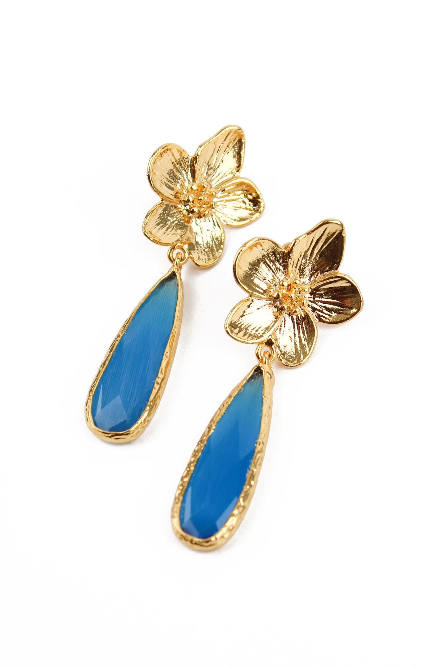 GOLD FLOWER AND BLUE GLASS TEAR DROP EARRINGS