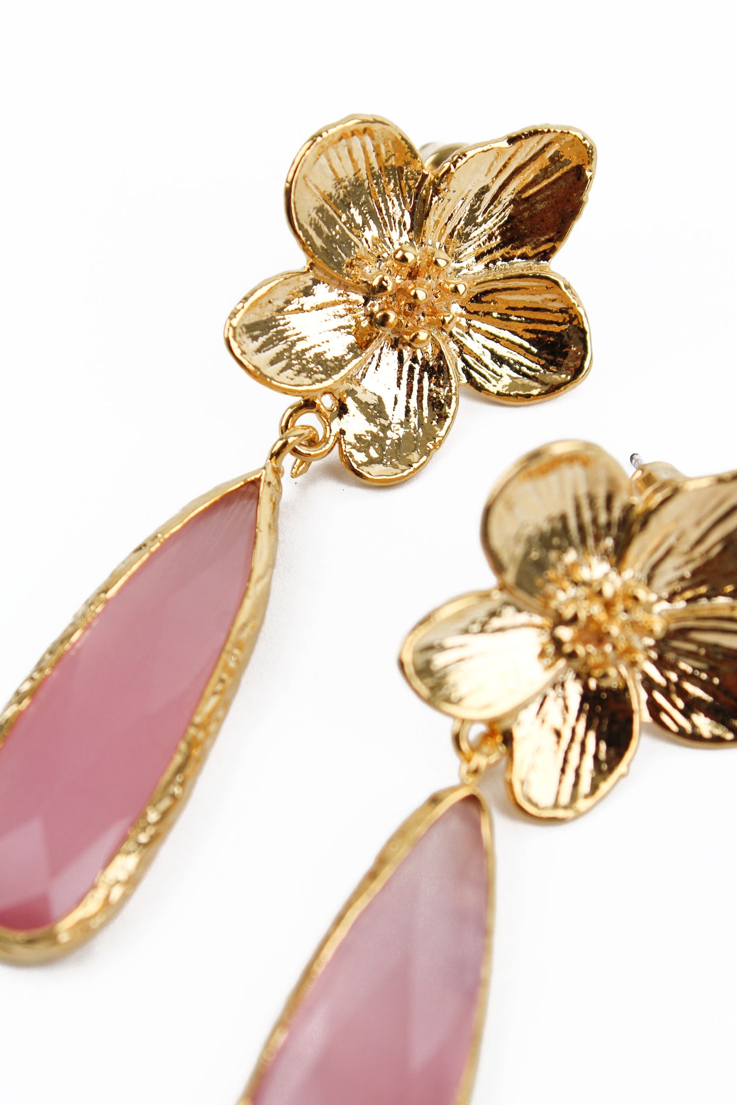 GOLD FLOWER AND PINK GLASS TEAR DROP EARRING