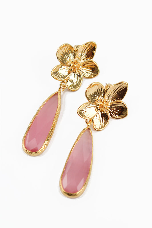 GOLD FLOWER AND PINK GLASS TEAR DROP EARRING