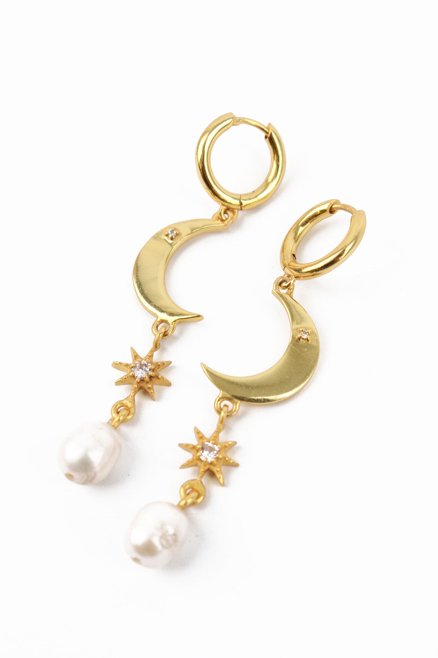 GOLD MOON & STAR WITH PEARL HUGGIE HOOP EARRINGS