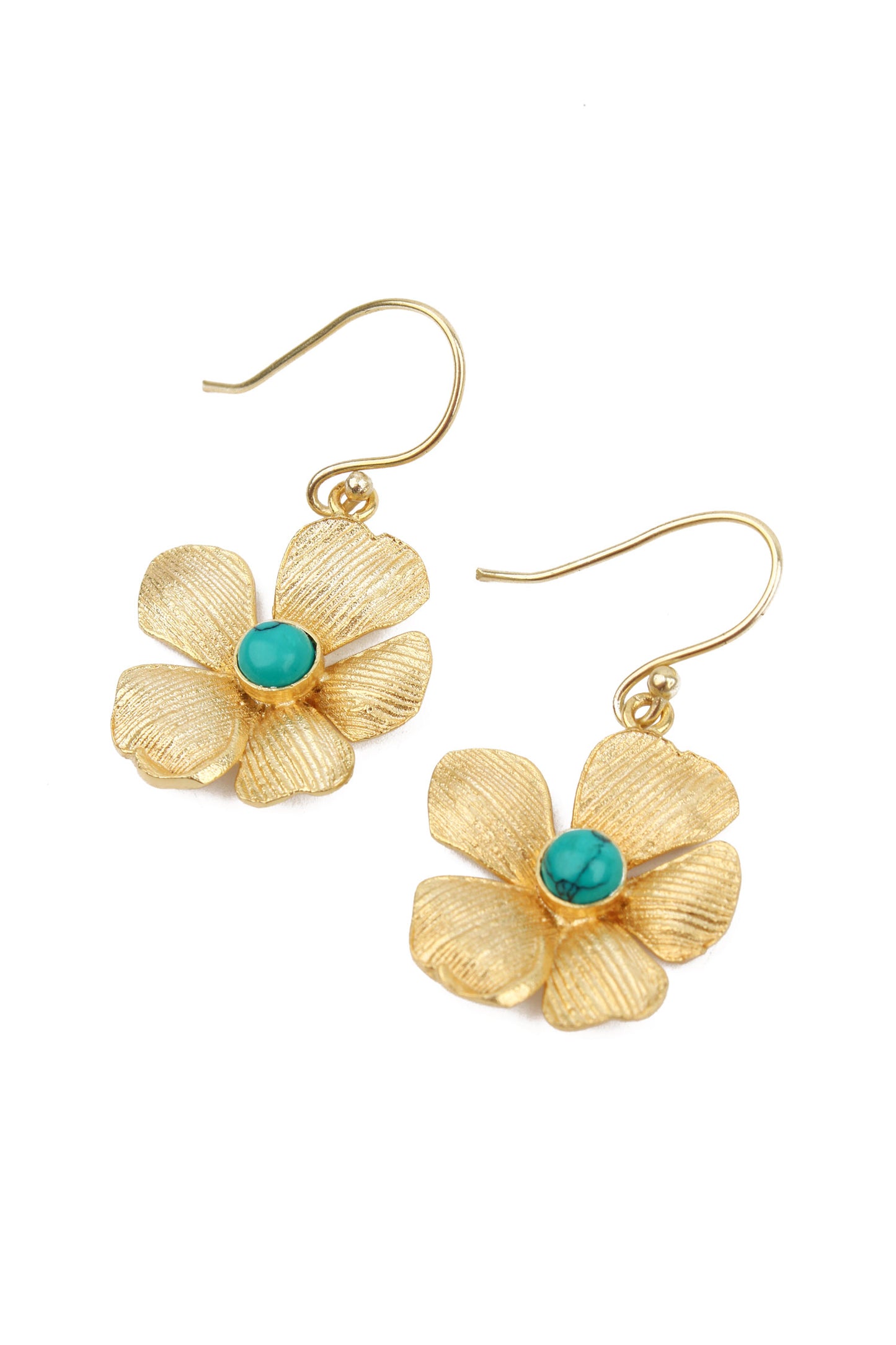 GOLD SINGLE FLOWER WITH TURQUOISE DROP EARRINGS