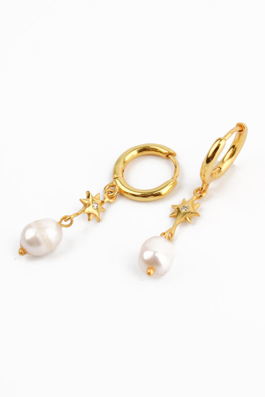 GOLD STAR & MOON PEARL DROP EARRINGS