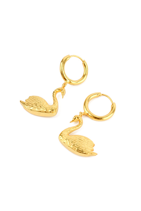 GOLD SWAN HUGGIE HOOP CHARM EARRINGS