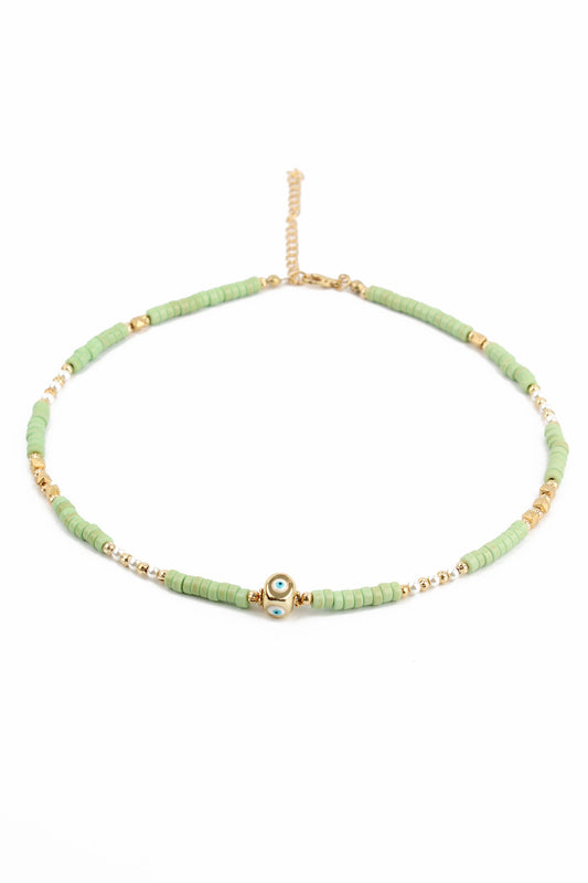 GREEN BEADED AND GOLD EYE CHARM NECKLACE
