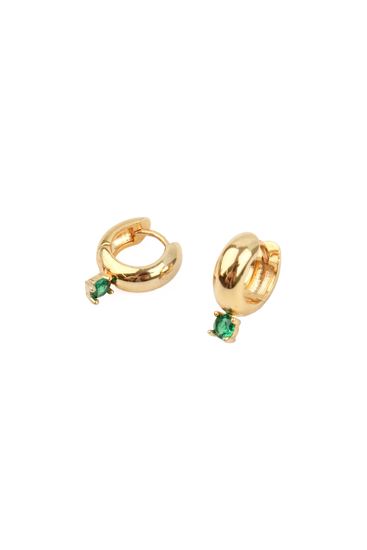 GREEN CZ DROP ON GOLD HUGGIE EARRINGS