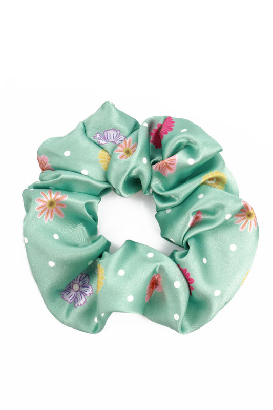 GREEN FLORAL SCRUNCHIE - PACK OF 3