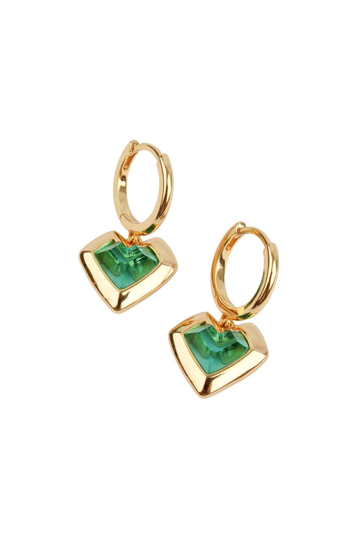 GREEN GLASS HEART GOLD HUGGIE EARRINGS