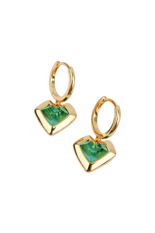 GREEN GLASS HEART GOLD HUGGIE EARRINGS