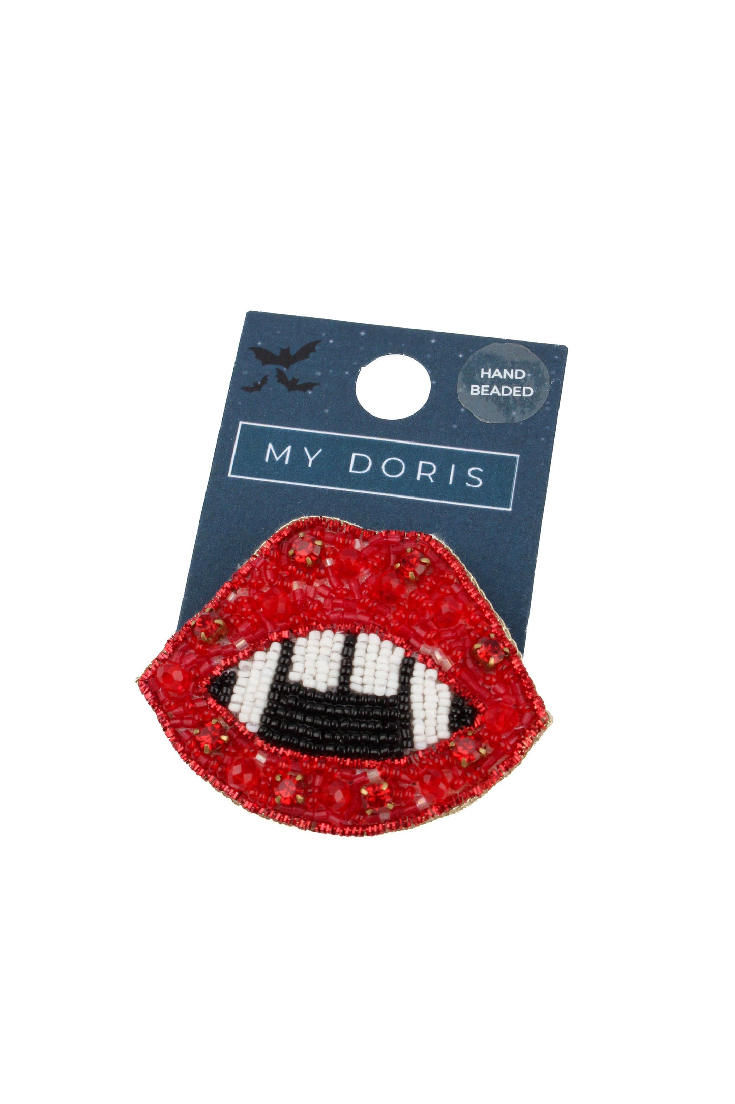 HALLOWEEN RED LIPS AND FANG BEADED BROOCH