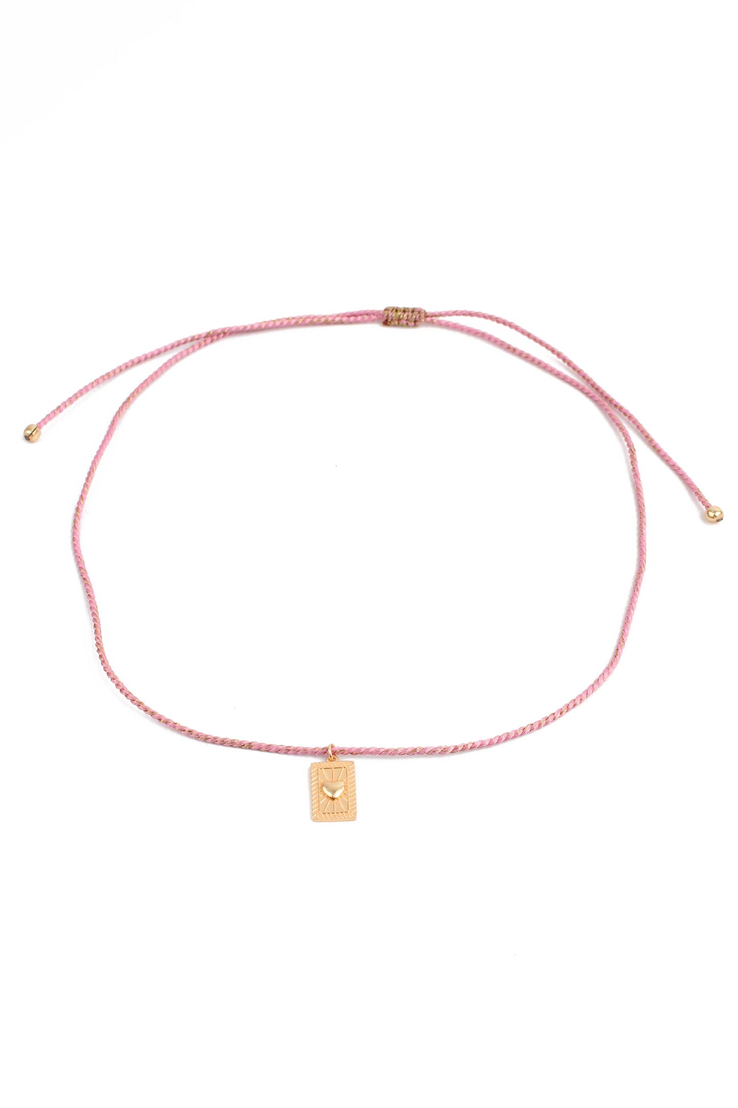 HEART RECTANGULAR CHARM ON PINK THREAD NECKLACE