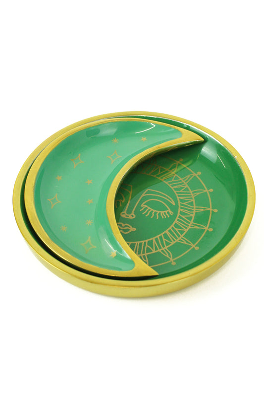 ENAMEL SUN FACE & CRESCENT MOON TRINKET DISH GREEN (8034576564440)