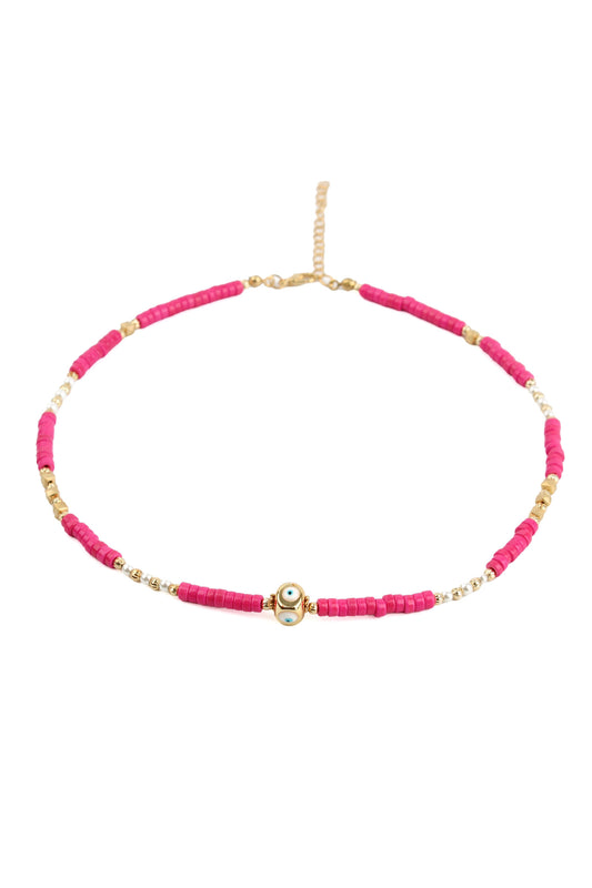 COLLIER PERLES ROSE VIF ET ŒIL DORÉ