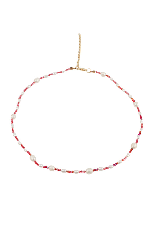 RED BEAD & PEARL NECKLACE