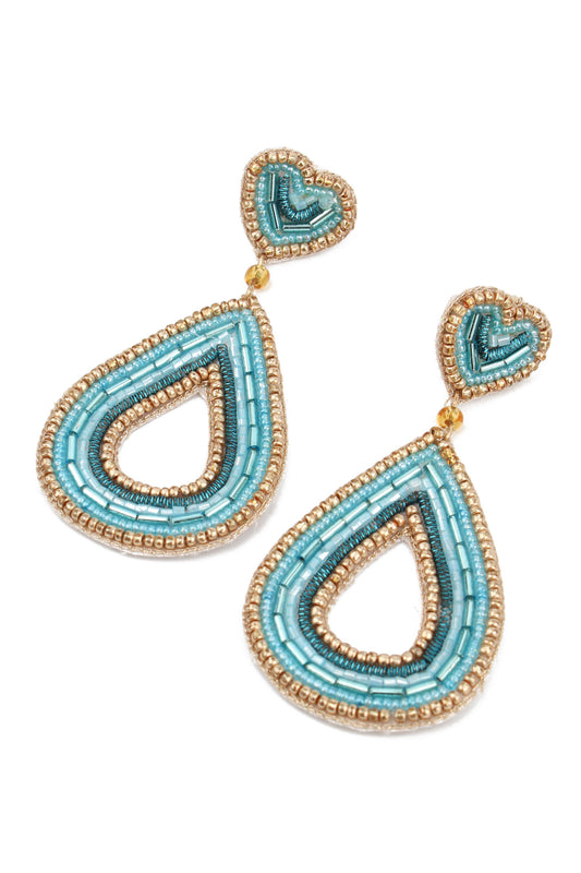 BLUE TEARDROP HEART BEADED EARRINGS