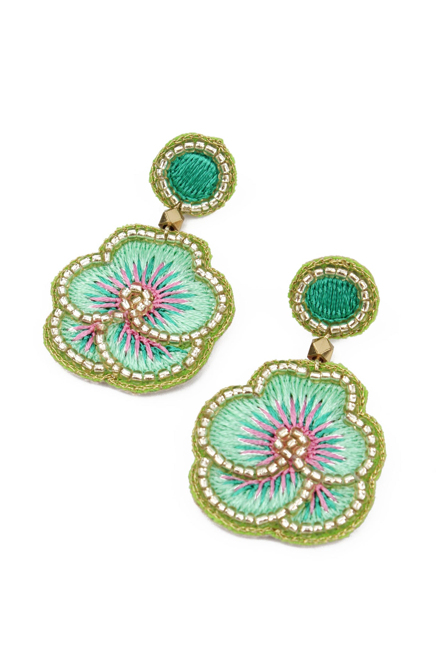 MINT GREEN PANSY BEADED EARRINGS