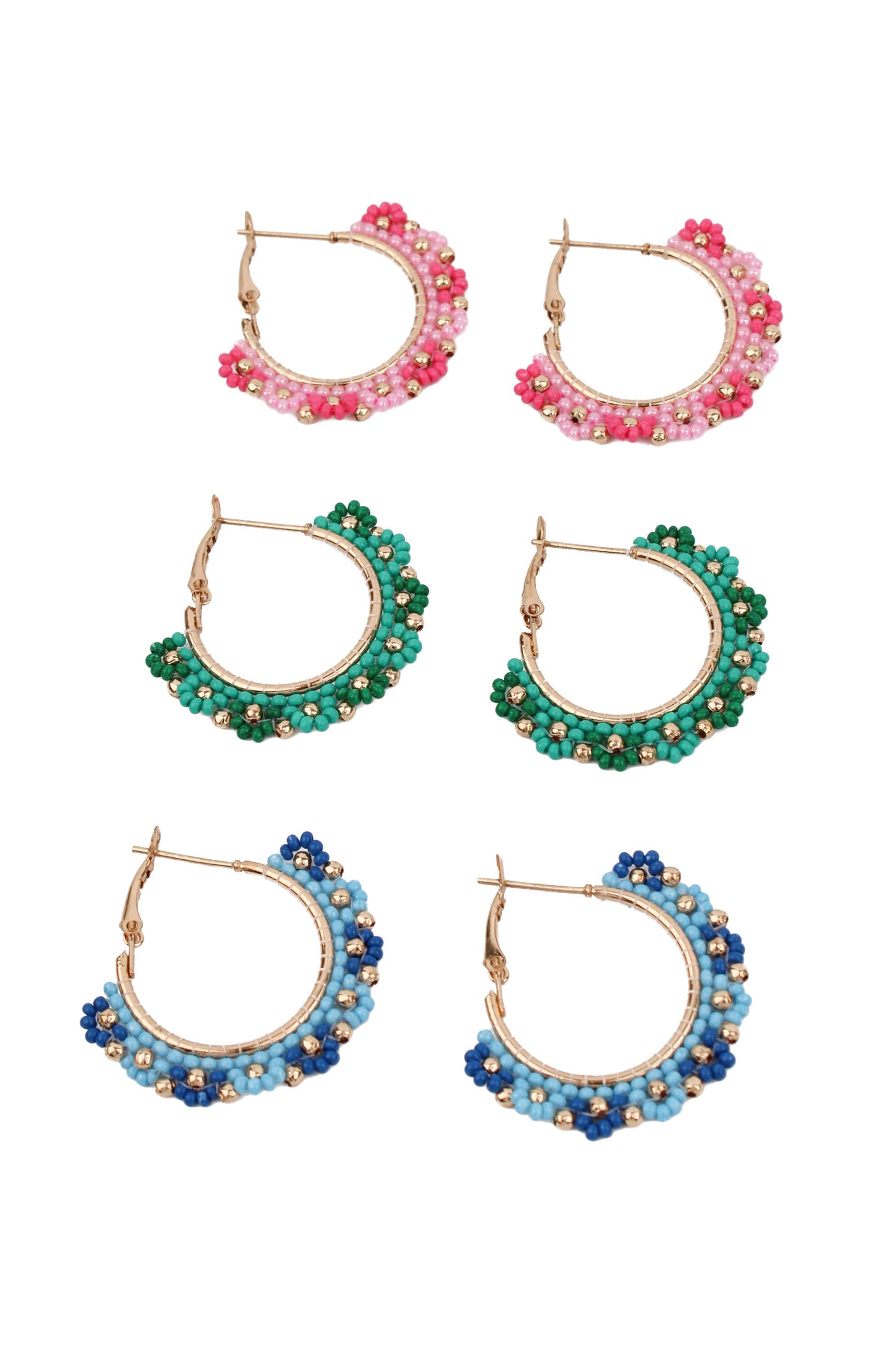 MIXED PACK OF 3 FLOWER HOOP EARRINGS - GREEN, PINK AND BLUE