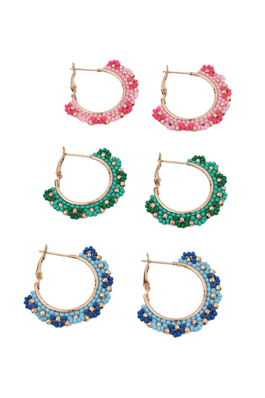 MIXED PACK OF 3 FLOWER HOOP EARRINGS - GREEN, PINK AND BLUE