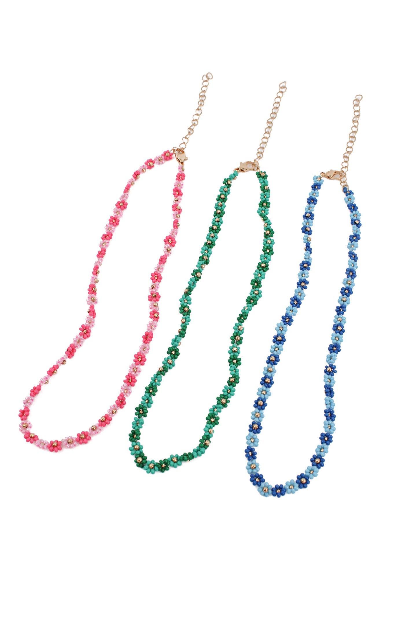 MIXED PACK OF 3 FLOWER NECKLACES - GREEN, PINK AND BLUE