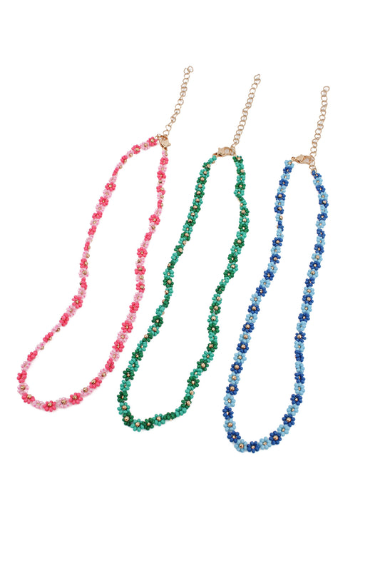 MIXED PACK OF 3 FLOWER NECKLACES - GREEN, PINK AND BLUE
