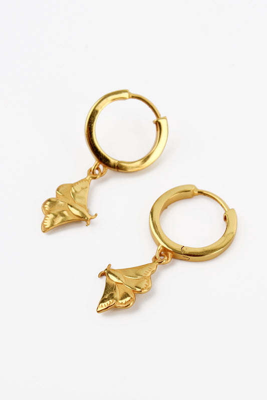 GOLD MOTH CHARM ON HUGGIE HOOP EARRINGS