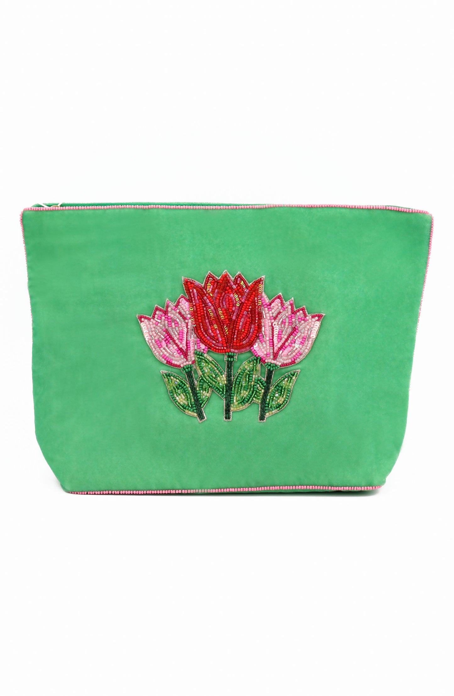 MULTI TULIPS ON GREEN LARGE POUCH
