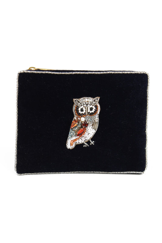 NAVY BLUE OWL SMALL VELVET POUCH