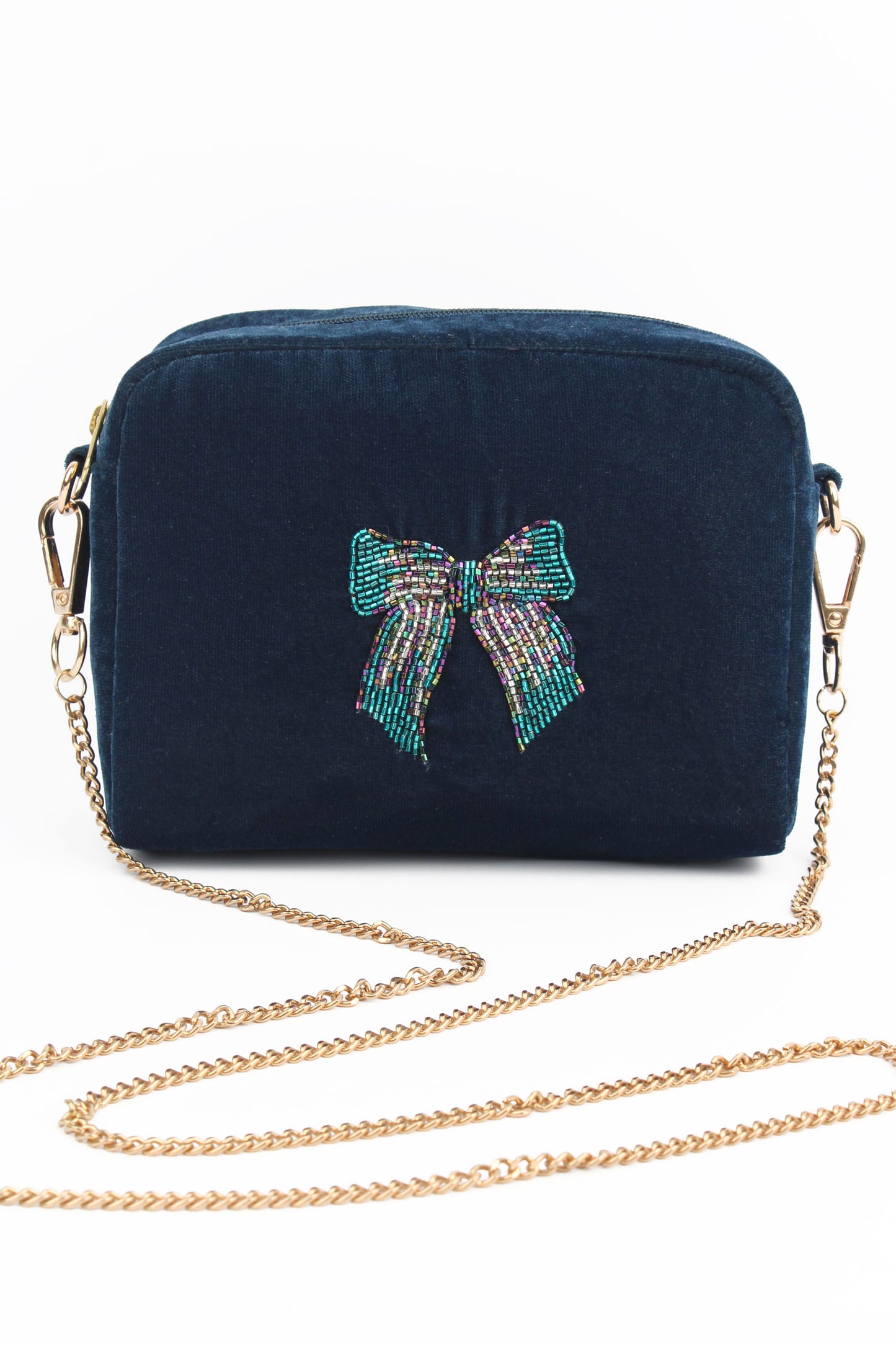 NAVY VELVET SILVER BLUE BOW CROSSBODY BAG