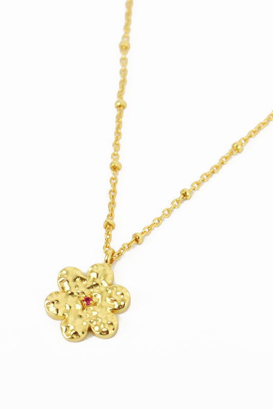 HAMMERED GOLD PINK CZ FLOWER NECKLACE (8108078825688)
