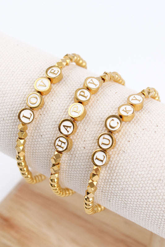 OFFER | BEADED GOLD AND WHITE SLOGAN BRACELETS: PACK OF 3