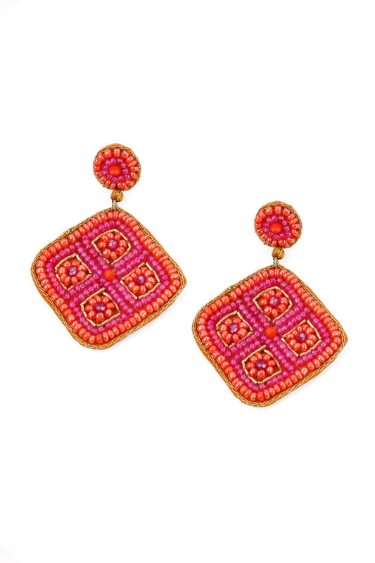 ORANGE AND PINK DIAGONAL BEADED EARRINGS