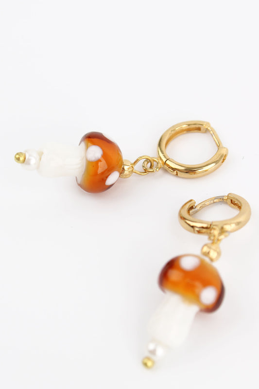 ORANGE GLASS MUSHROOM HUGGIE HOOPS