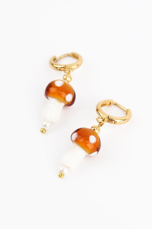 ORANGE GLASS MUSHROOM HUGGIE HOOPS