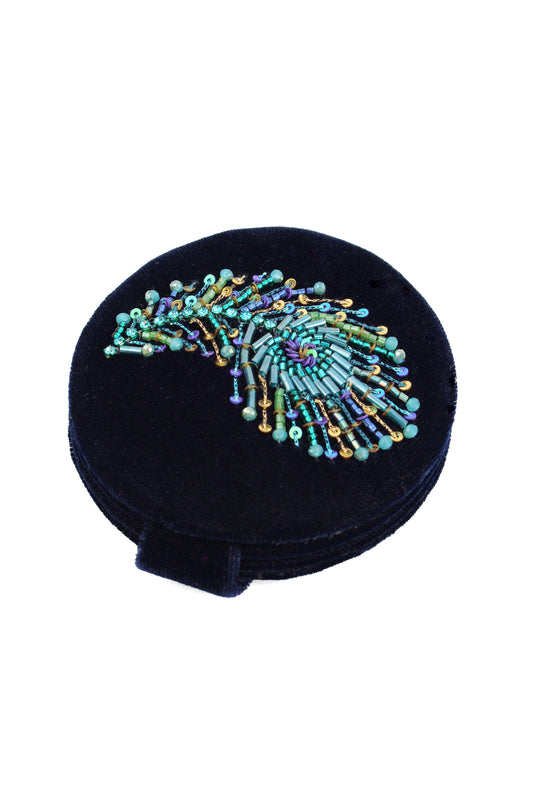 PEACOCK FEATHER ON NAVY COMPACT MIRROR