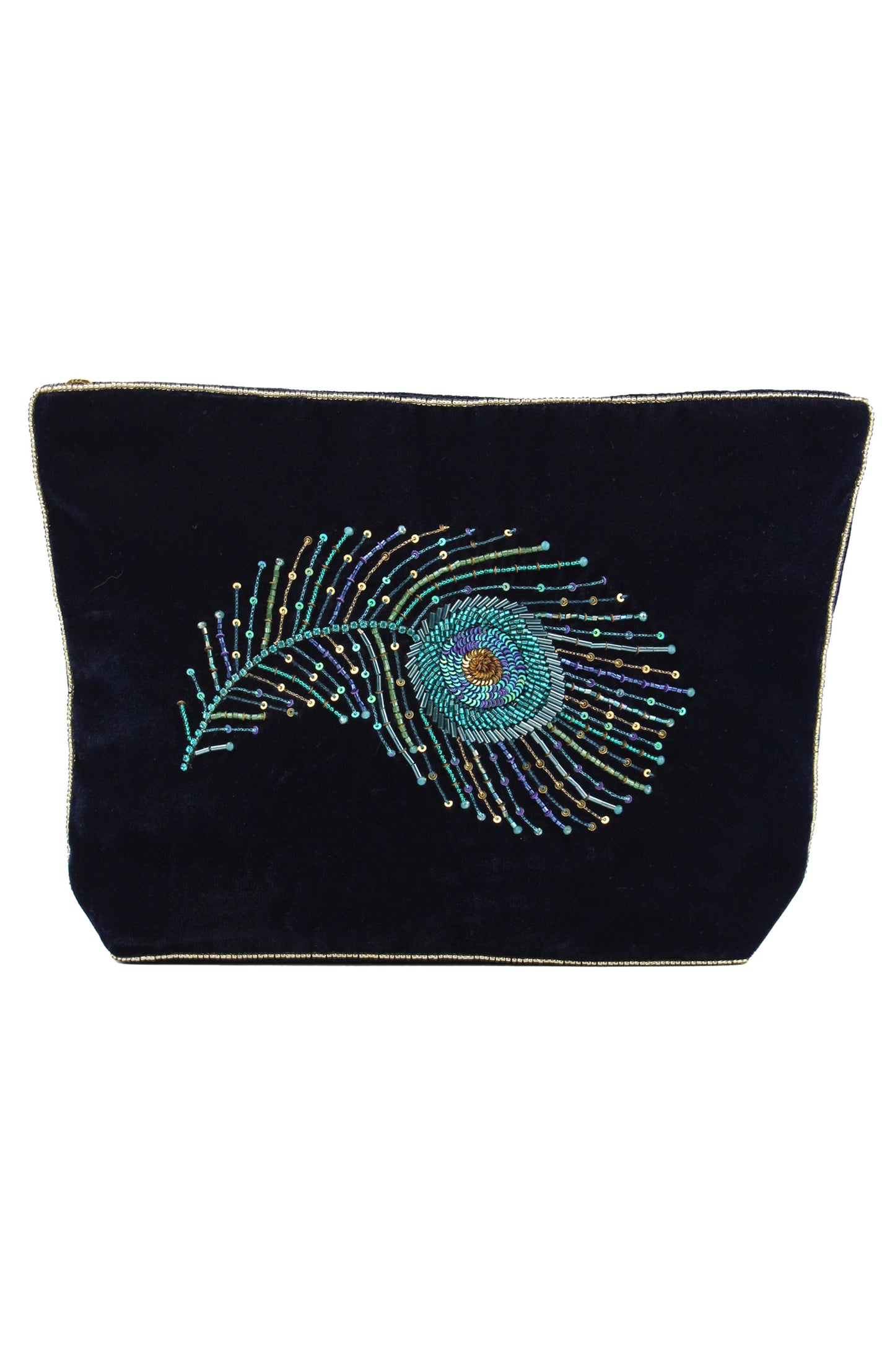 PEACOCK FEATHER ON NAVY LARGE POUCH