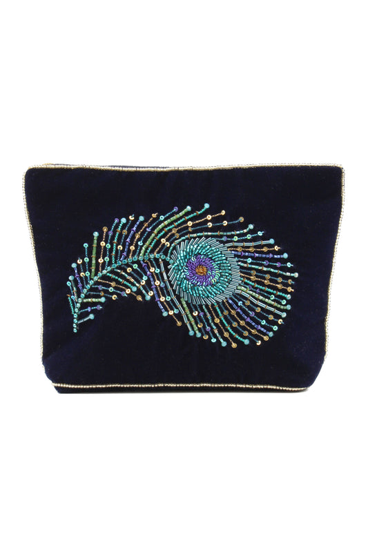 PEACOCK FEATHER ON NAVY MEDIUM POUCH