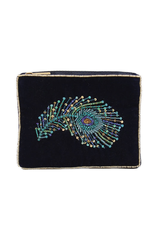 PEACOCK FEATHER ON NAVY SMALL POUCH