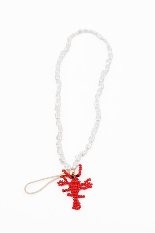 PEARL BEAD PHONE CHAIN WITH RED LOBSTER CHARMS