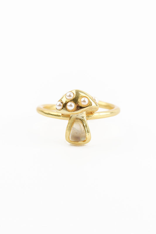 GOLD PEARL & RAINBOW MOONSTONE MUSHROOM RING