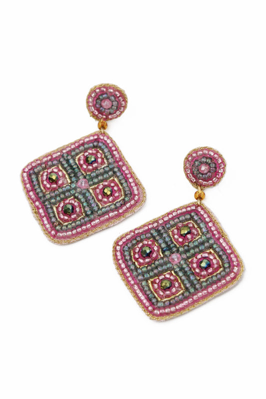 PINK AND GREEN DIAGONAL BEADED EARRINGS